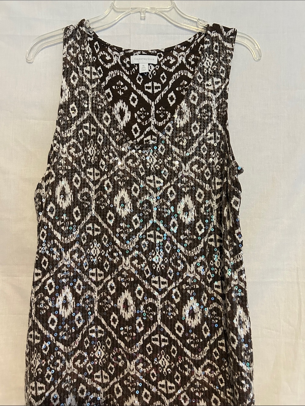 Charter Club Brown and White Sequin Sleeveless Top